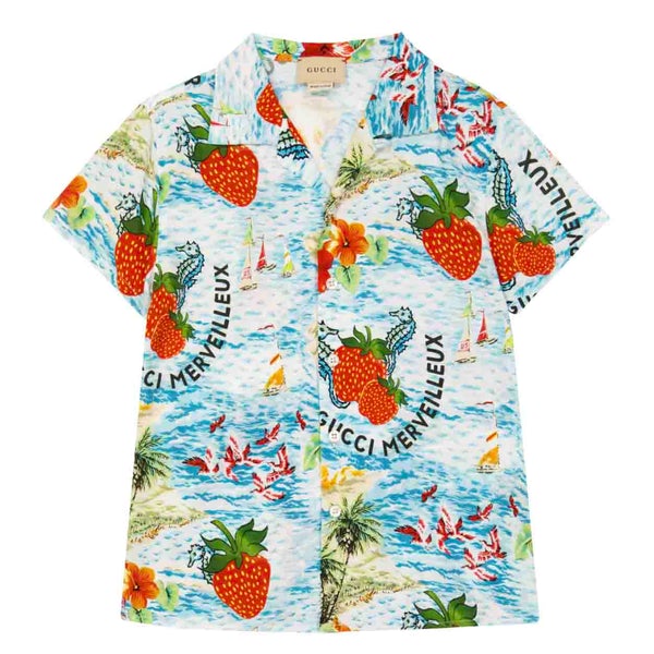 Boys Blue Strawberry Printed Shirt